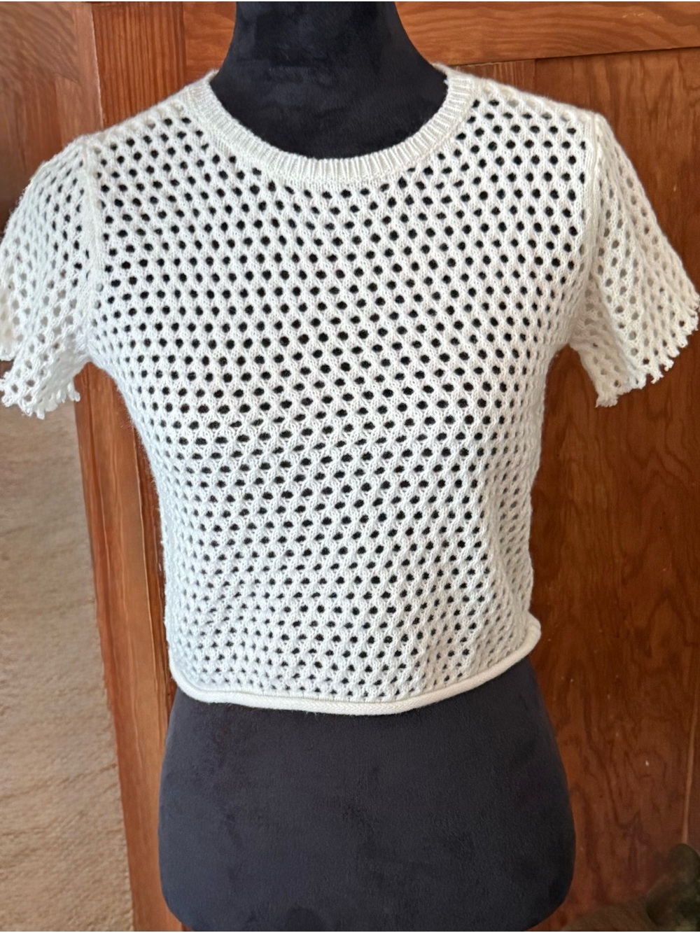 Full Tilt Cream Open-Weave Short Sleeve Crop Top